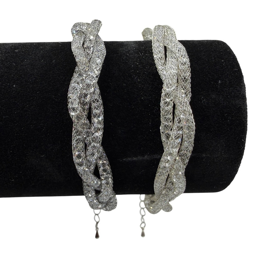 Sparkling Crystal Silver Wire Mesh Twisted Braid Bracelet Adjustable Set of 2